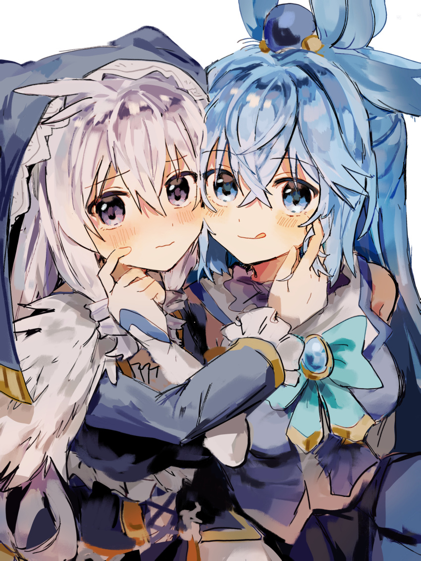 2girls, :p, absurdres, aqua_(konosuba), aqua_bow, aqua_bowtie, blue_eyes, blue_gemstone