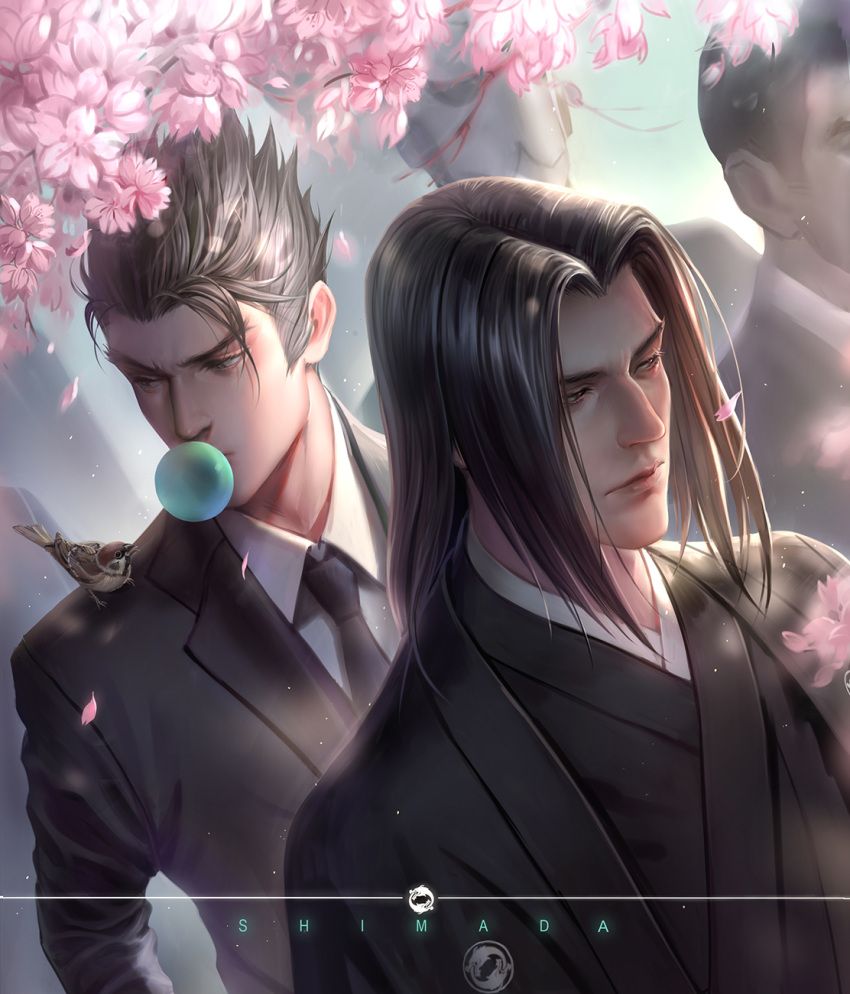 2boys, artist_request, bird, black_hair, bubble_blowing, cherry_blossoms, chewing_gum, genji_(overwatch)