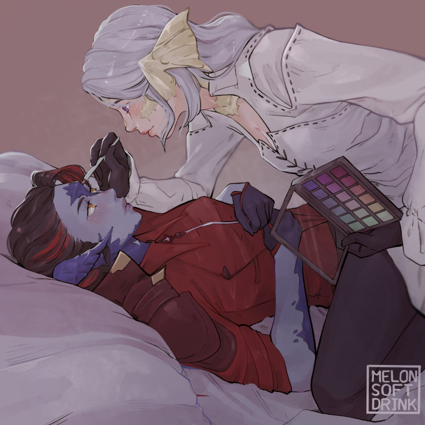2girls, applying_makeup, artist_name, au_ra, black_gloves, black_hair, black_pants, blue_skin