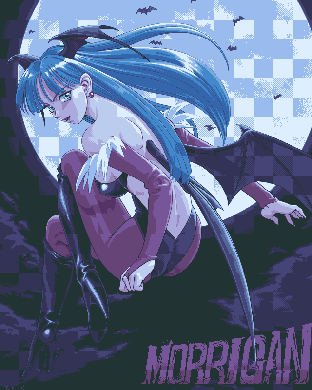 bat_wings, capcom, full_moon, green_hair, high_heels, long_hair, moon, morrigan_aensland, pantyhose, pixel_art, print_pantyhose, purple_pantyhose, shoes, solo, teiku_(take), vampire_(game), wings