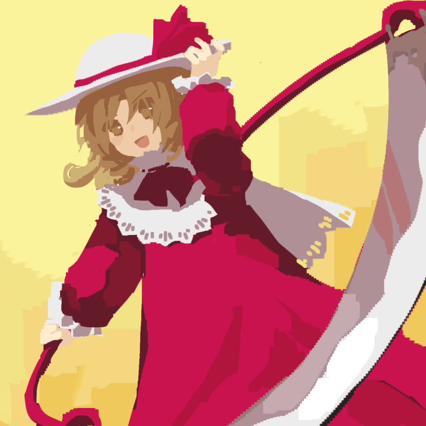 1girl, blonde_hair, commentary_request, dress, elly_(touhou), flat_chest, hand_on_headwear, hat