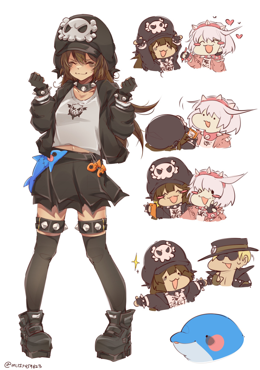 1boy, 2girls, absurdres, black_footwear, black_gloves, black_headwear, black_jacket, black_skirt