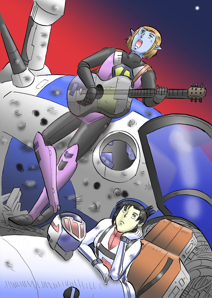 1boy, 1girl, alien, aqua_skin, black_hair, blonde_hair, blue_skin, body_armor