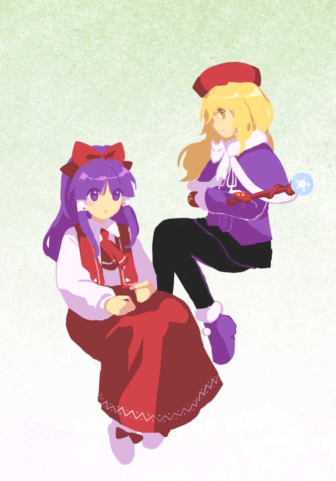 2girls, adapted_costume, ascot, black_pants, blonde_hair, bow, capelet, collared_shirt