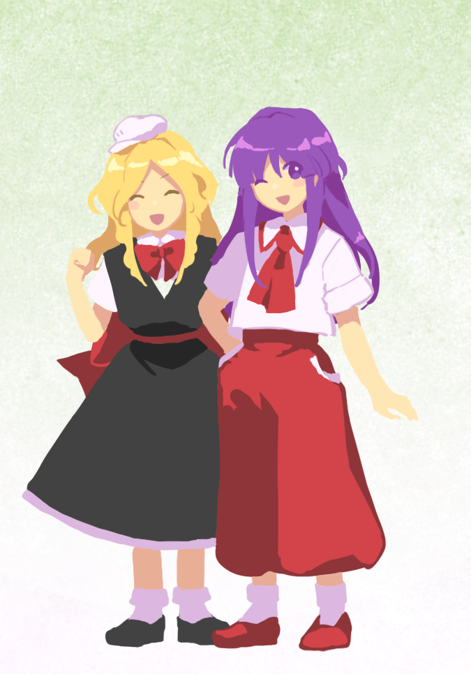 2girls, ascot, black_dress, black_footwear, closed_eyes, collared_shirt, commentary_request, dress, flat_chest, hakurei_reimu, hakurei_reimu_(pc-98), hand_in_pocket, hat, kaigen_1025, kirisame_marisa, kirisame_marisa_(pc-98), long_hair, multiple_girls, neck_ribbon, open_mouth, pants, purple_hair, red_ascot, red_footwear, red_pants, red_ribbon, ribbon, shirt, short_sleeves, single_blush_sticker, smile, socks, touhou, touhou_(pc-98), violet_eyes, white_headwear, white_shirt, white_socks, white_trim