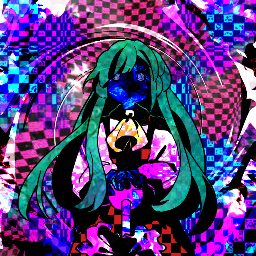 1girl, @_@, ascot, blue_skin, checkered_ascot, checkered_background, checkered_clothes, checkered_dress