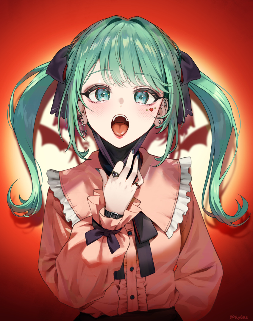 1girl, ay6as, black_bow, black_nails, blush, bow, bow_ring, capelet