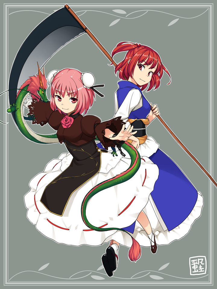 2girls, black_footwear, bun_cover, commentary_request, double_bun, dragon, flower, full_body