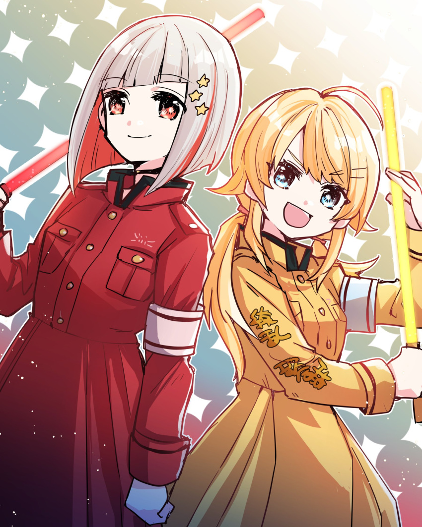 2girls, ahoge, armband, asymmetrical_bangs, blue_eyes, bob_cut, closed_mouth, dress