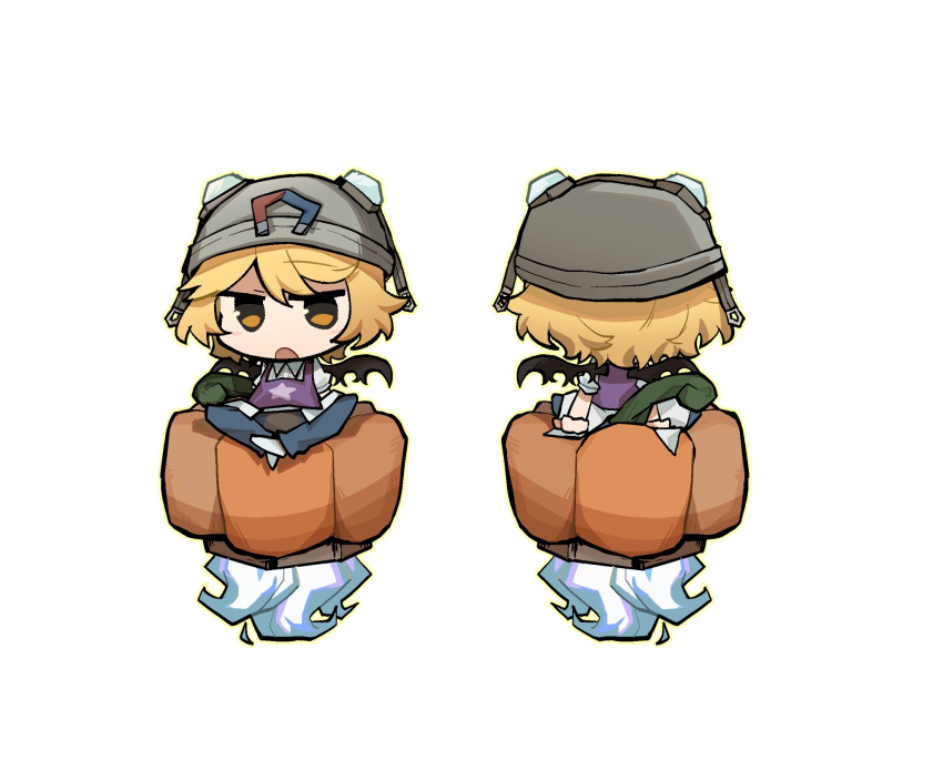 1other, androgynous, black_wings, blonde_hair, blue_fire, blue_pants, blush_stickers, boli_yan_moni_qi, brown-framed_eyewear, chibi, chinese_commentary, collared_shirt, commentary_request, fire, from_behind, frown, goggles, goggles_on_headwear, grey_headwear, helmet, highres, len'en, magnet, multiple_views, open_mouth, other_focus, outline, pants, puffy_short_sleeves, puffy_sleeves, pumpkin, purple_vest, rocket, round_eyewear, shirt, short_hair, short_sleeves, simple_background, sitting, socks, star_(symbol), star_print, umatachi_tsugumi, vest, white_background, white_shirt, white_sleeves, white_socks, wings, yellow_eyes, yellow_outline
