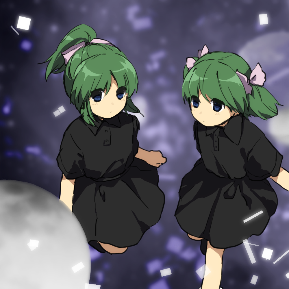 2girls, black_shirt, black_skirt, blue_eyes, bow, closed_mouth, collared_shirt, commentary_request