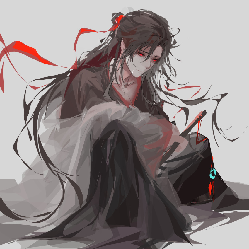 1boy, absurdres, ahoge, angst, arm_on_knee, black_hair, chinese_clothes, closed_mouth