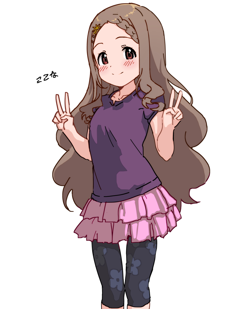 1girl, aoba_kokona, bike_shorts, blush, braid, braided_bangs, brown_hair, forehead, hair_ornament, hairclip, ikumono, leggings, long_hair, pantyhose, print_leggings, red_eyes, shirt, simple_background, single_braid, skirt, smile, solo, t-shirt, v, yama_no_susume
