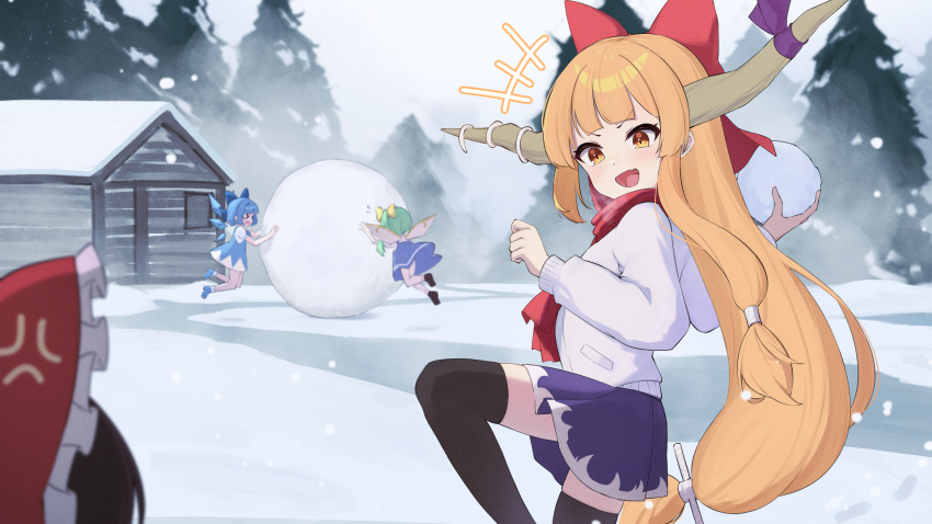 +++, 4girls, anger_vein, black_hair, blue_hair, blush, bow, cirno