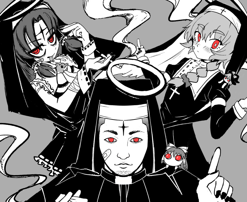 1boy, 2girls, absurdres, bandaid, bandaid_on_cheek, bandaid_on_face, bright_pupils, capelet