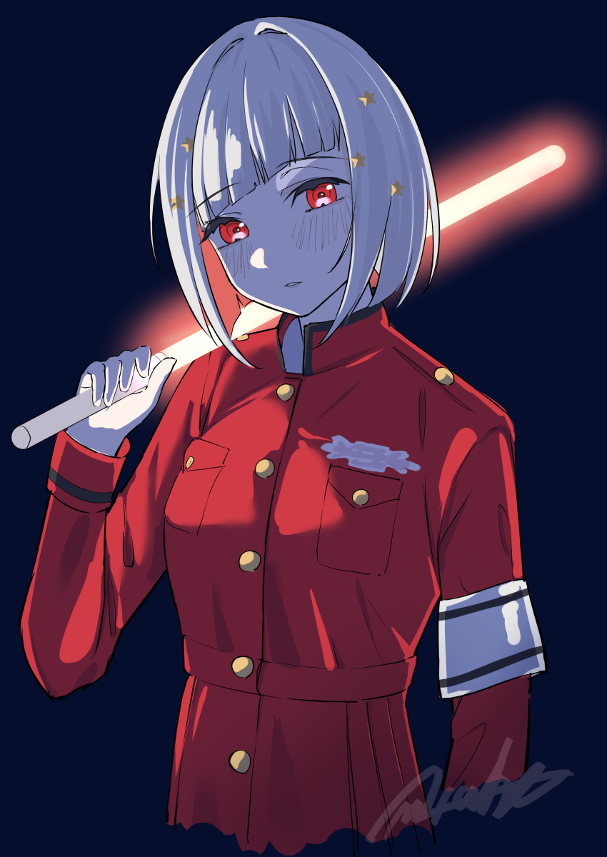 1girl, absurdres, asymmetrical_bangs, blue_background, blush, bob_cut, breast_pocket, colored_inner_hair
