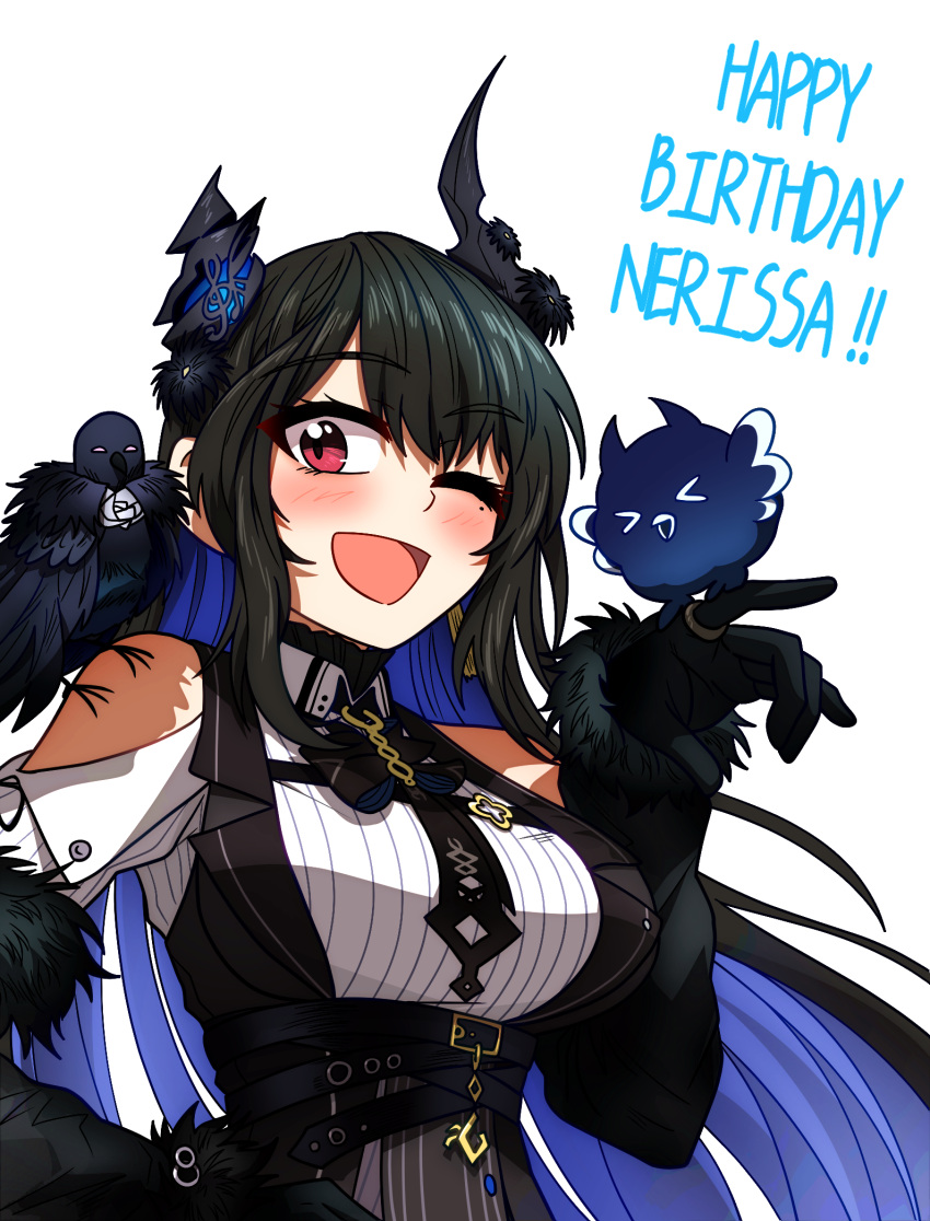 1girl, ;d, animal_on_shoulder, asymmetrical_horns, bare_shoulders, belt, bird, bird_on_hand
