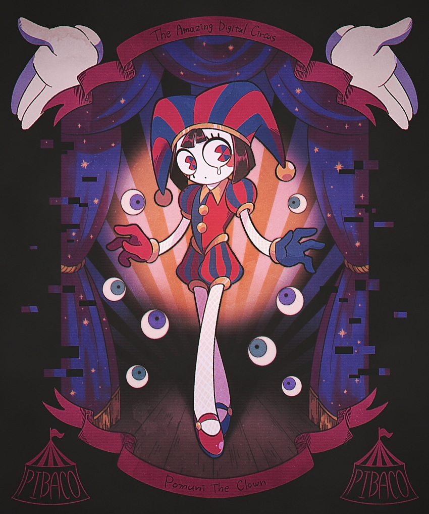 1girl, blue_eyes, brown_hair, commentary_request, eyeball, floating, gloves, hat, heterochromia, highres, jester, jester_cap, pale_skin, pibacocoa, pomni_(the_amazing_digital_circus), red_eyes, short_hair, solo, stage, teardrop, the_amazing_digital_circus
