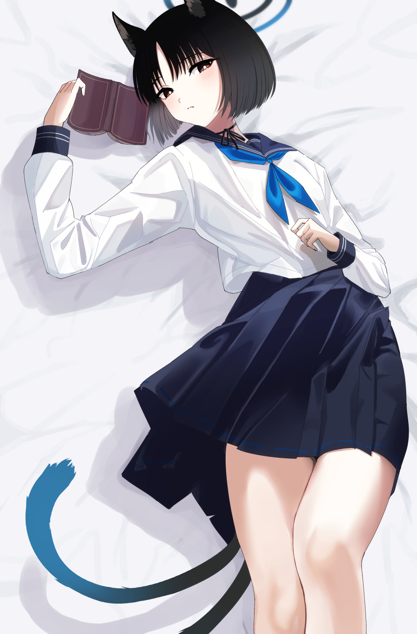 1girl, absurdres, animal_ears, bed_sheet, black_eyes, black_hair, black_sailor_collar, black_skirt, blue_archive, blue_neckerchief, blush, book, cat_ears, cat_tail, closed_mouth, feet_out_of_frame, highres, holding, holding_book, kikyou_(blue_archive), long_sleeves, looking_at_viewer, multiple_tails, neckerchief, pleated_skirt, sailor_collar, school_uniform, serafuku, short_hair, skirt, solo, tail, two_tails, ushiroki