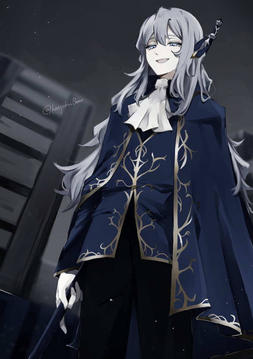 1boy, absurdres, argalia_(project_moon), ascot, black_pants, blue_cape, blue_eyes, blue_jacket