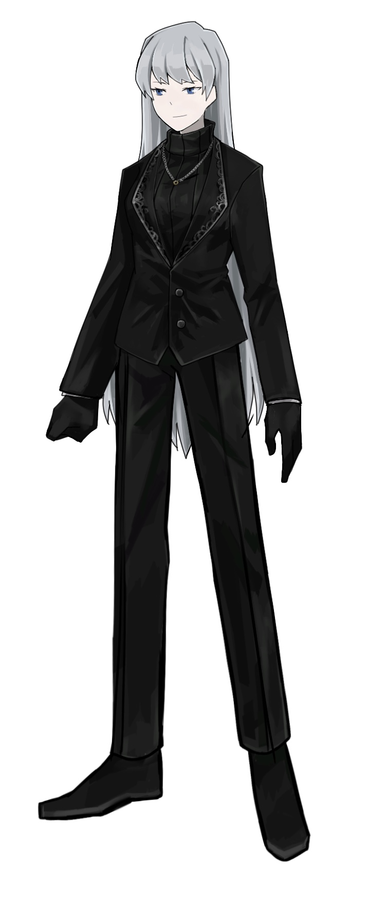 1girl, angelica_(project_moon), black_footwear, black_gloves, black_jacket, black_sweater, blue_eyes, closed_mouth