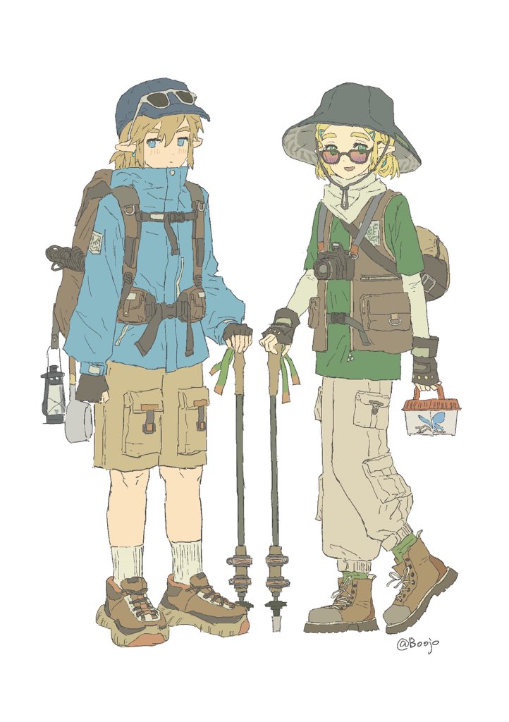 1boy, 1girl, artist_name, backpack, bag, black_gloves, blonde_hair, blue_butterfly