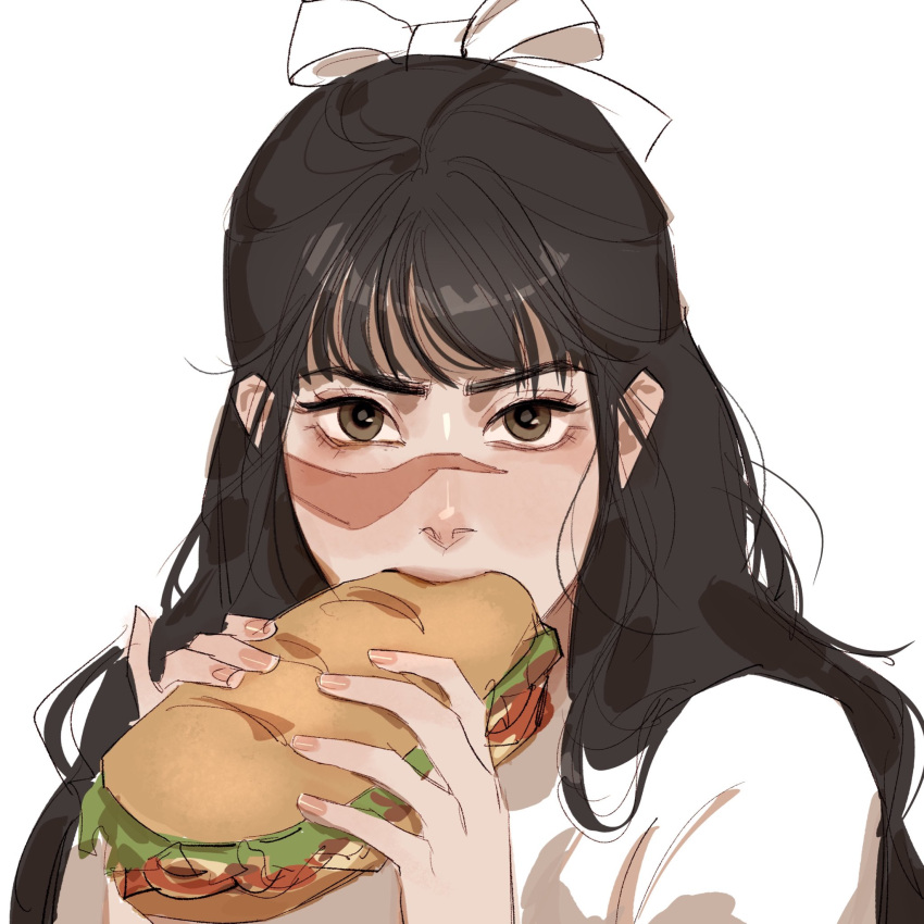 1girl, black_hair, blush, bow, bread, brown_eyes, eating, fingernails