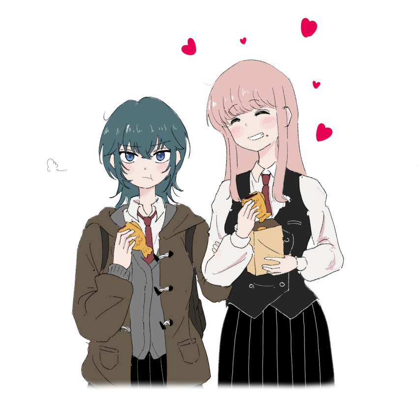 2girls, arm_grab, asahina_yuni, black_skirt, black_vest, blue_eyes, blue_hair, blush