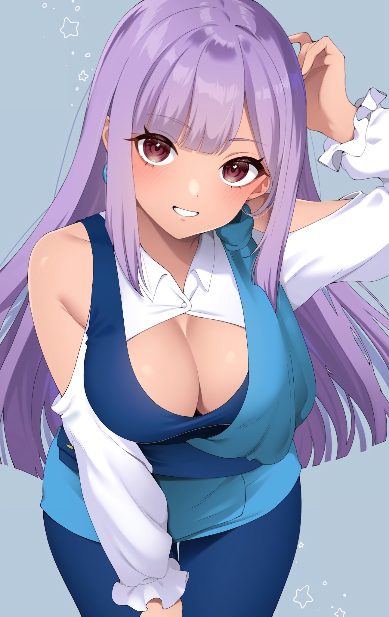 1girl, bare_shoulders, blue_pants, blue_shirt, blue_tank_top, blush, breasts, brown_eyes