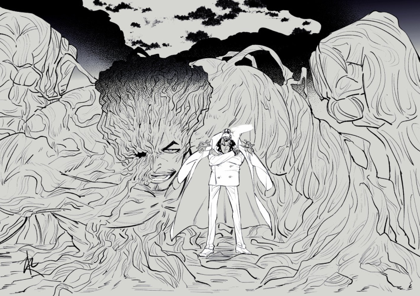 2boys, aramaki_(ryokugyu), battle, cigar, coat, crossed_arms, fighting_stance, florakinesis