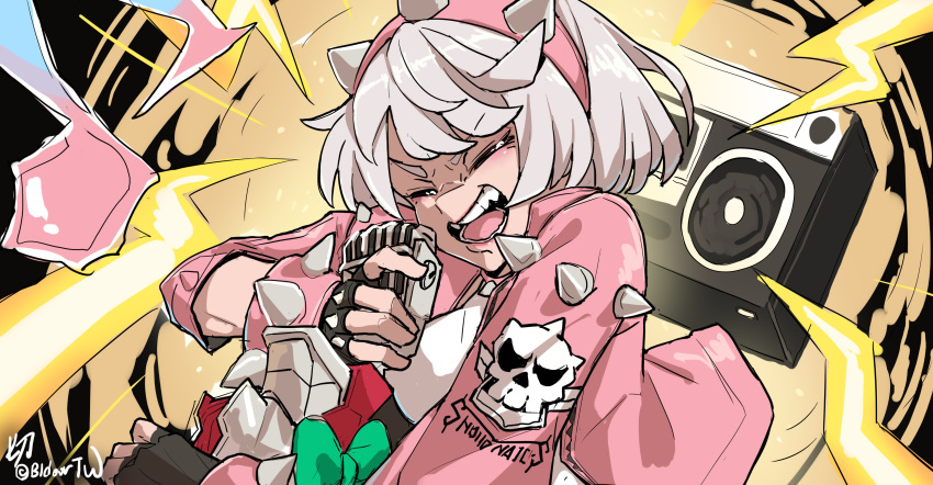 1girl, absurdres, ahoge, bidortw, bracelet, collar, elphelt_valentine, guilty_gear
