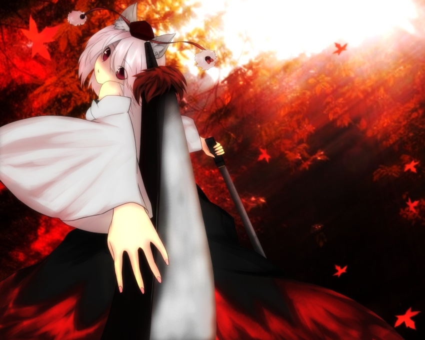 animal_ears, bad_id, bare_shoulders, detached_sleeves, hat, inubashiri_momiji, leaf, looking_back