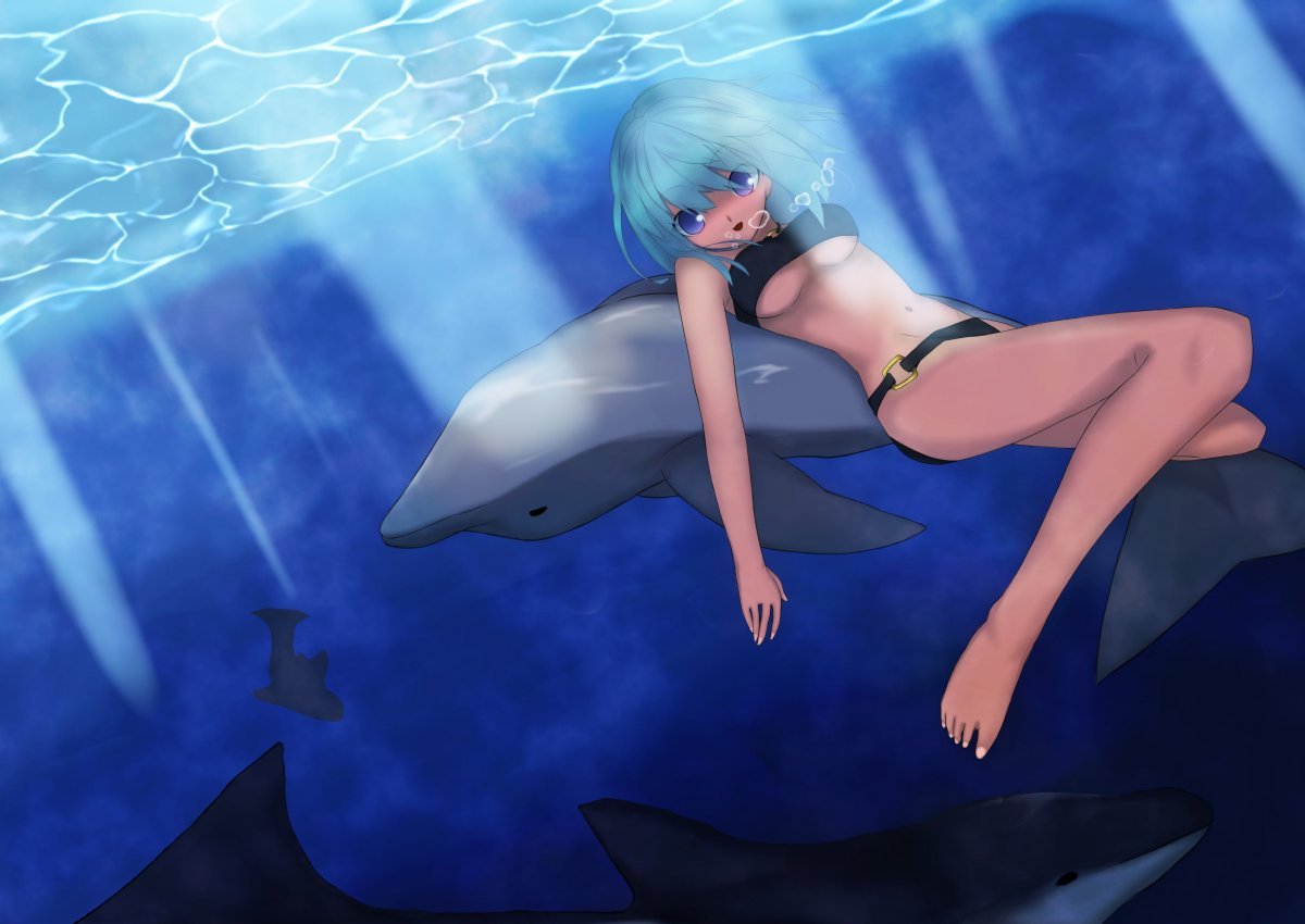 blue_eyes, blue_hair, breasts, dolphin, freediving, original, pochi_(potihouse), short_hair