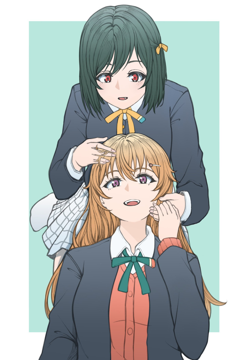 2girls, black_jacket, blazer, cardigan, collared_shirt, fangs, green_hair, green_ribbon, hair_ornament, hair_ribbon, hairclip, hand_on_another's_head, highres, holding_hands, jacket, konoe_kanata, long_hair, long_sleeves, looking_at_another, love_live!, love_live!_nijigasaki_high_school_idol_club, lying_on_lap, mayo_e, mifune_shioriko, multiple_girls, neck_ribbon, nijigasaki_academy_school_uniform, open_mouth, orange_eyes, orange_hair, parted_lips, plaid, plaid_skirt, red_cardigan, ribbon, school_uniform, shirt, short_hair, skirt, socks, swept_bangs, teeth, upper_body, upper_teeth_only, violet_eyes, white_shirt, white_skirt, white_socks, winter_uniform, yellow_ribbon