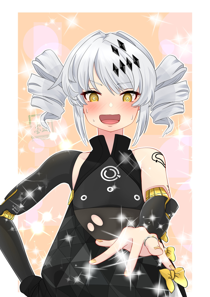 @_@, absurdres, asymmetrical_bangs, bare_shoulders, black_dress, blush, dress, dress_ribbon