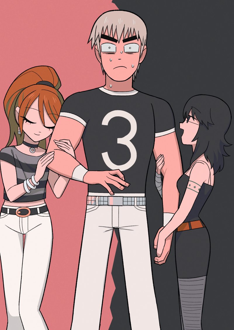 1boy, 2girls, arm_between_breasts, arm_warmers, between_breasts, black_collar, black_dress, black_hair