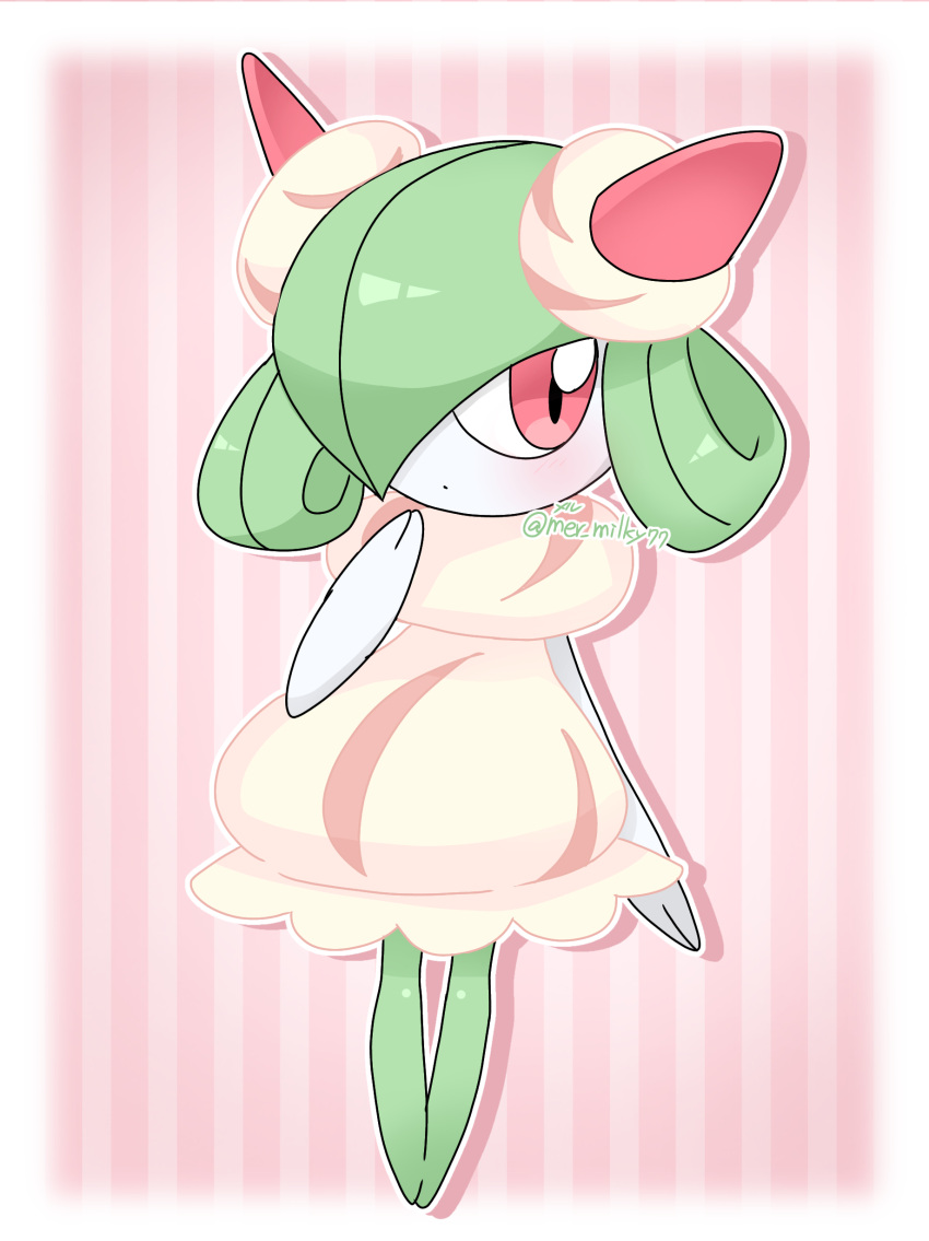 1girl, absurdres, alcremie, alcremie_(cosplay), alcremie_(strawberry_sweet), alcremie_(vanilla_cream), alternate_hairstyle, arm_at_side