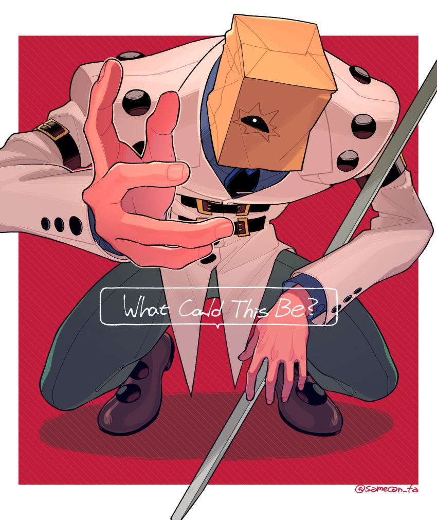 1boy, bag, faust_(guilty_gear), guilty_gear, guilty_gear_xrd, highres, jacket, long_fingers, long_sleeves, looking_at_viewer, male_focus, paper_bag, red_background, samecan_fa, scalpel, simple_background, white_jacket