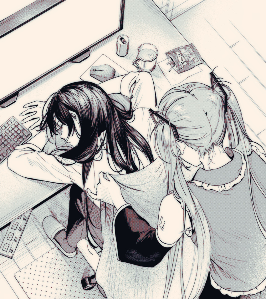 2girls, ado_(utaite), arm_tattoo, bare_shoulders, black_hair, blanket, blue_hair, can