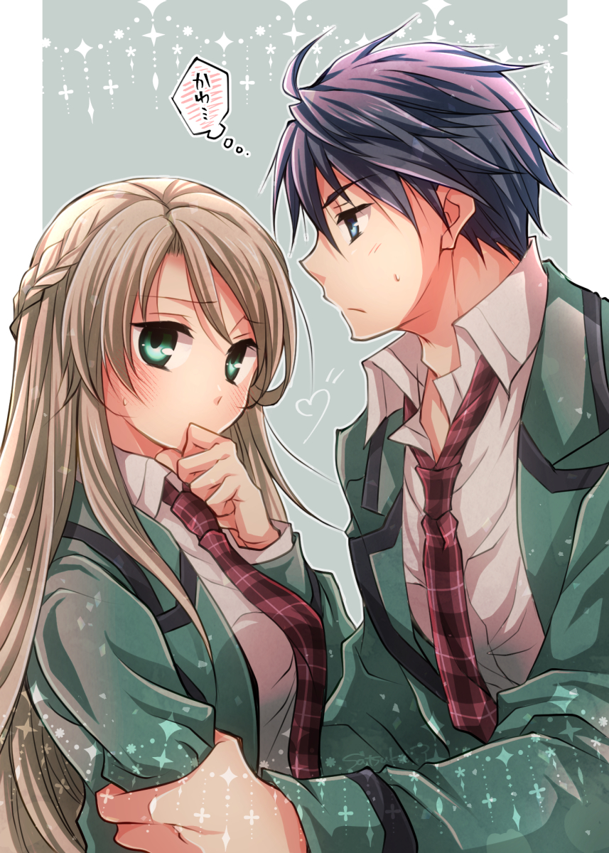 1boy, 1girl, ahoge, black_eyes, black_hair, blonde_hair, blue_eyes, braid