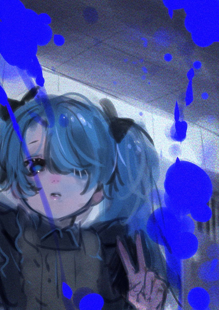 1girl, absurdres, ado_(utaite), blue_eyes, blue_hair, cloud_nine_inc, collared_shirt, commentary