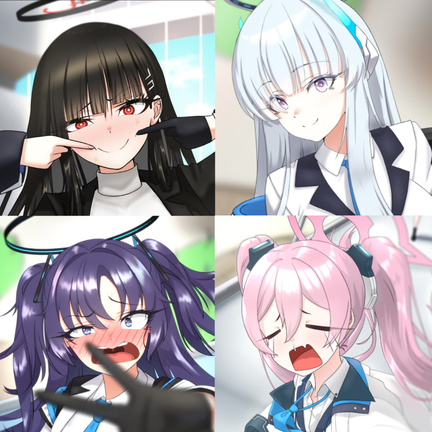 4girls, af2345, awkward, black_gloves, blue_archive, blue_necktie, blush, crying, embarrassed, gloves, halo, highres, koyuki_(blue_archive), long_hair, multiple_girls, necktie, noa_(blue_archive), rio_(blue_archive), selfie, seminar_(blue_archive), smile, taking_picture, twintails, yuuka_(blue_archive)