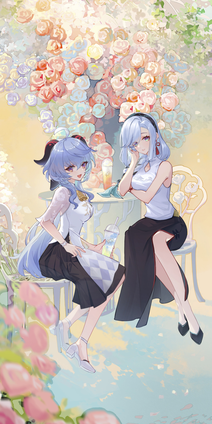 2girls, absurdres, ahoge, bell, black_skirt, blue_eyes, blue_hair, blush, boutique, breasts, chair, cup, disposable_cup, drinking_straw, flower, full_body, ganyu_(genshin_impact), ganyu_(heytea)_(genshin_impact), genshin_impact, hair_over_one_eye, hairband, high_heels, highres, holding, holding_cup, horns, long_hair, looking_at_viewer, medium_breasts, multiple_girls, neck_bell, official_alternate_costume, open_mouth, red_tassel, see-through, see-through_sleeves, shenhe_(genshin_impact), shenhe_(heytea)_(genshin_impact), shirt, sidelocks, sitting, skirt, sleeveless, sleeveless_shirt, smile, table, violet_eyes, white_shirt, white_wristband, zima_(zima_zima)