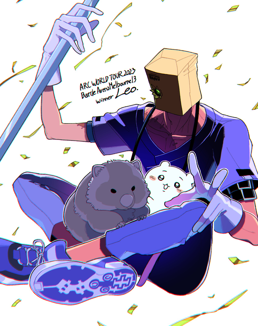 1boy, absurdres, bag, blue_shirt, doctor, faust_(guilty_gear), glowing, glowing_eye
