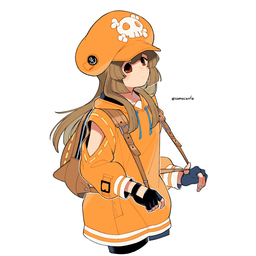1girl, bike_shorts, black_gloves, brown_eyes, brown_hair, cabbie_hat, fingerless_gloves, gloves