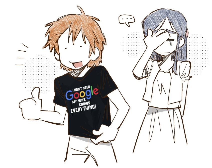 ..., 2girls, brown_hair, couple, english_text, facepalm, futari_wa_precure, gil_falasson, google, highres, long_hair, misumi_nagisa, multiple_girls, precure, shirt, short_hair, speech_bubble, t-shirt, thumbs_up, yukishiro_honoka, yuri