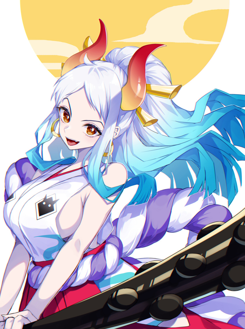 1girl, :d, absurdres, bare_shoulders, blue_hair, breasts, club_(weapon), crazy_otama, curled_horns, earrings, hair_ornament, hair_stick, hakama, hakama_pants, highres, hoop_earrings, horns, japanese_clothes, jewelry, kanabou, kimono, large_breasts, looking_at_viewer, multicolored_hair, multicolored_horns, one_piece, oni, oni_horns, orange_horns, pants, red_horns, rope, shimenawa, sideboob, sleeveless, sleeveless_kimono, smile, solo, weapon, white_hair, yamato_(one_piece), yellow_horns