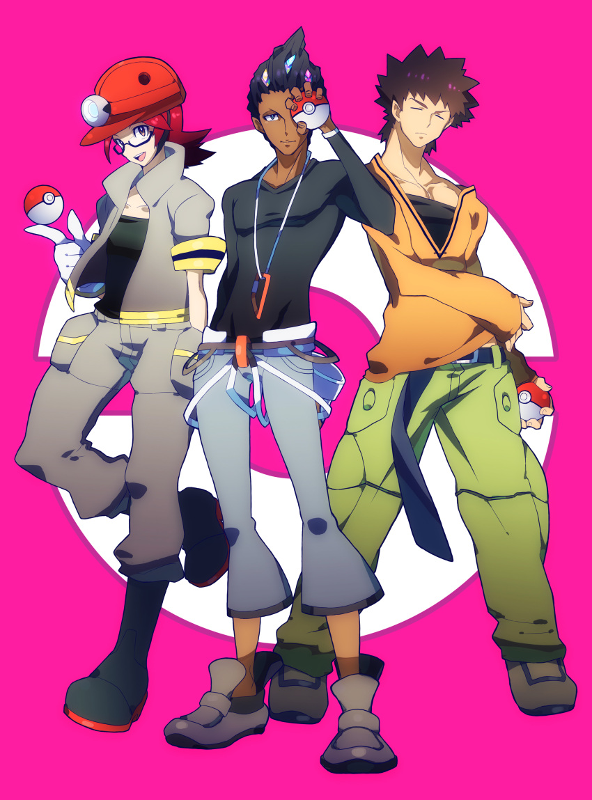 3boys, absurdres, belt, black_footwear, black_hair, boots, brock_(pokemon), closed_eyes