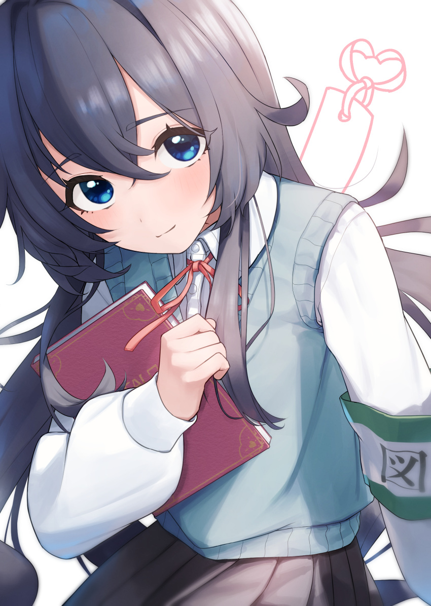1girl, aqua_vest, armband, black_skirt, blue_eyes, blue_hair, blush, book