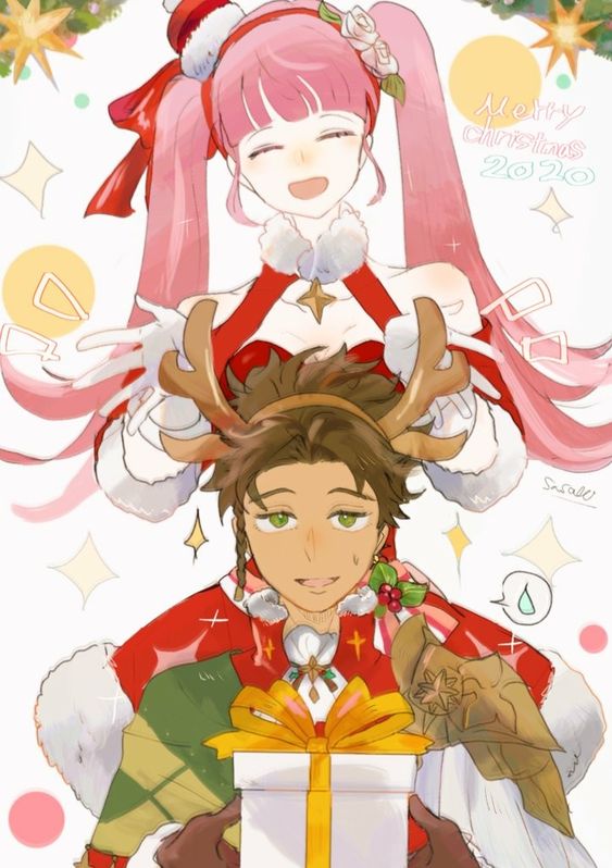 1boy, 1girl, ^_^, brown_hair, christmas, claude_von_riegan, closed_eyes, dated, dress, fake_antlers, fire_emblem, fire_emblem:_three_houses, fire_emblem_heroes, gift, green_eyes, hilda_valentine_goneril, hilda_valentine_goneril_(winter), holding, holding_gift, open_mouth, pink_hair, red_dress, sakura_(user_djfu2523), smile